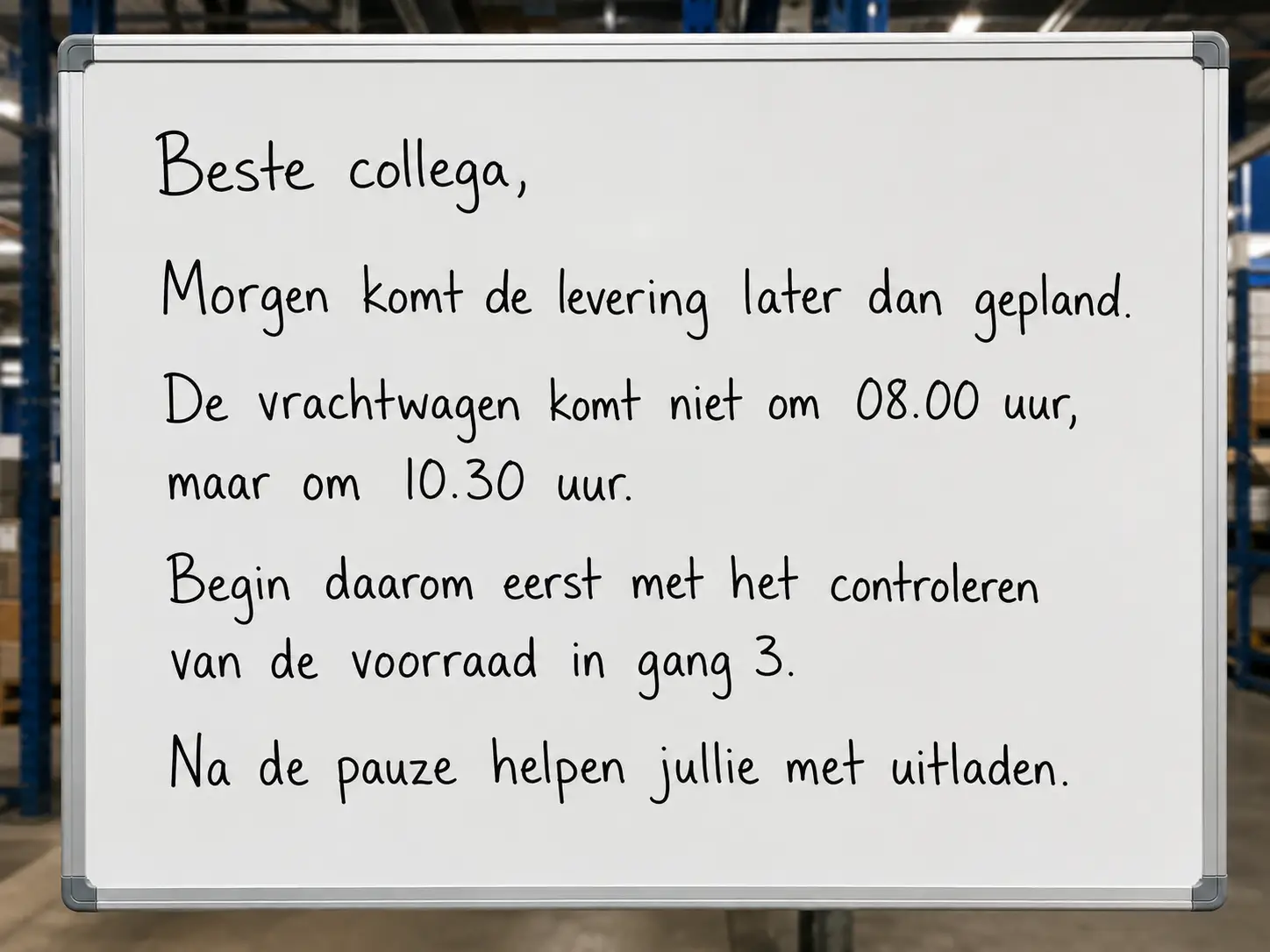 Notitie op een whiteboard over een levering die later komt